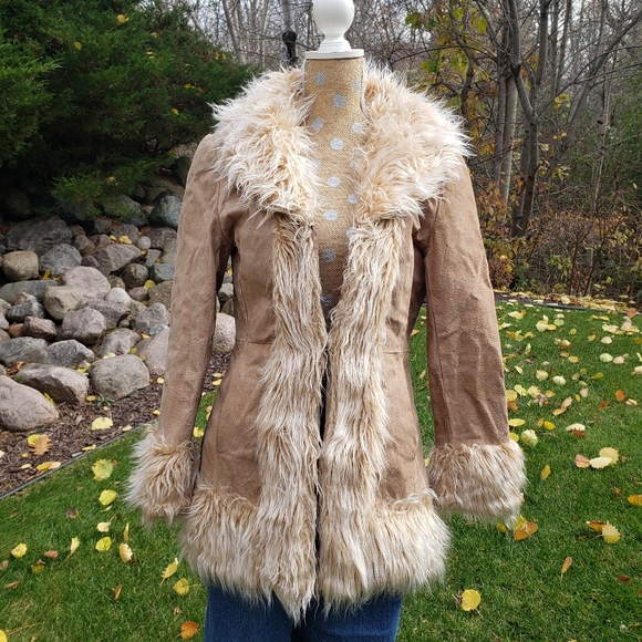 Suede Leather Faux Fur Trim Tan Coat 